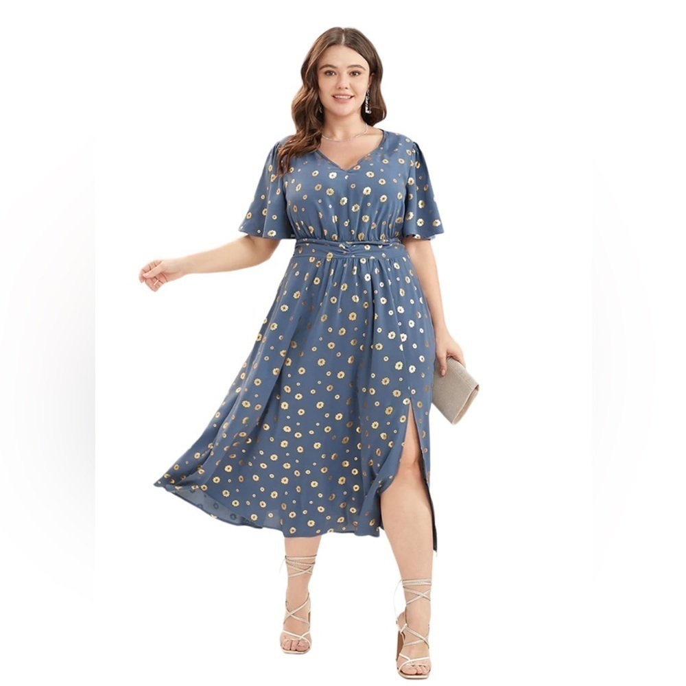 Bloomchic Floral Print V Neck Ruched Pocket Ruffles Split Hem Dress Size 22-24